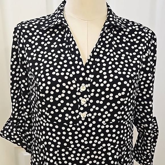Black and White Button Down Polka Dot Cuff Sleeved Pleated Dress - Picture 5 of 7